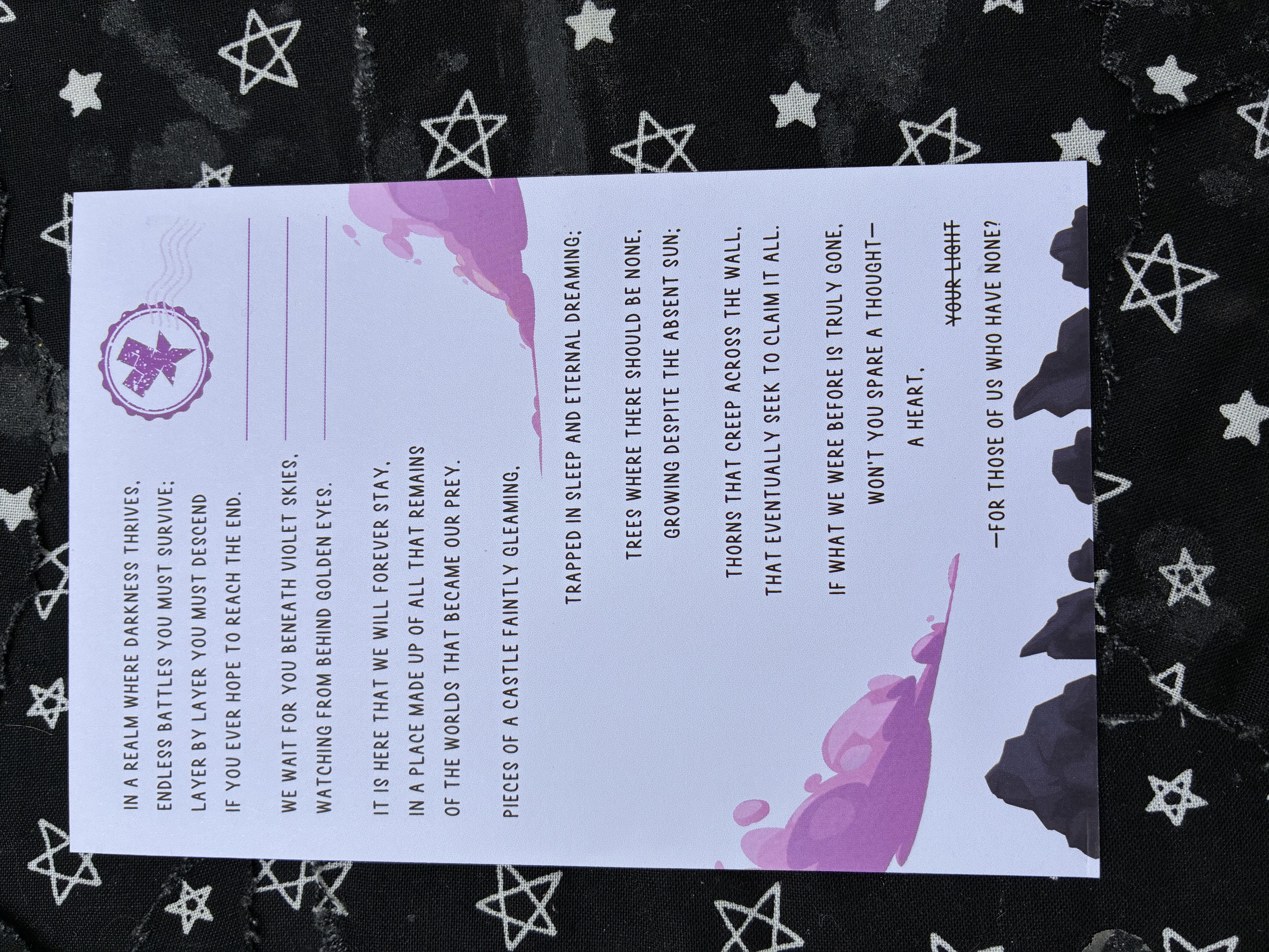 Postcard of Kingdom hearts letter from the nobodies.